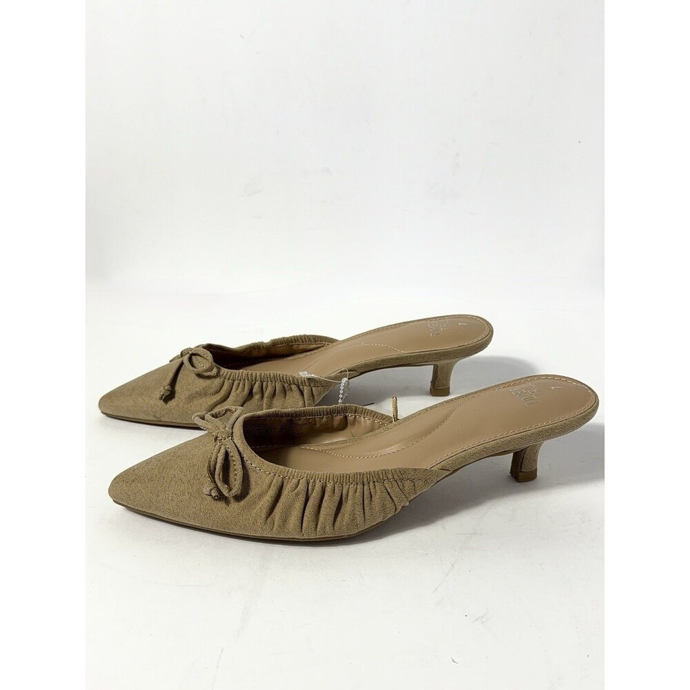 Time and Tru Pointed Toe Kitten Heel Mules with Bow Tan Size 7